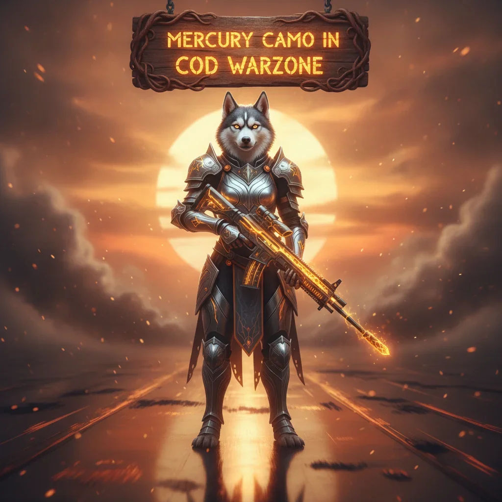 Fantasy artwork featuring an anthropomorphic husky in a magical setting, representing the acquisition of unique Mercury Camo themed cosmetic rewards or special gear appearances.