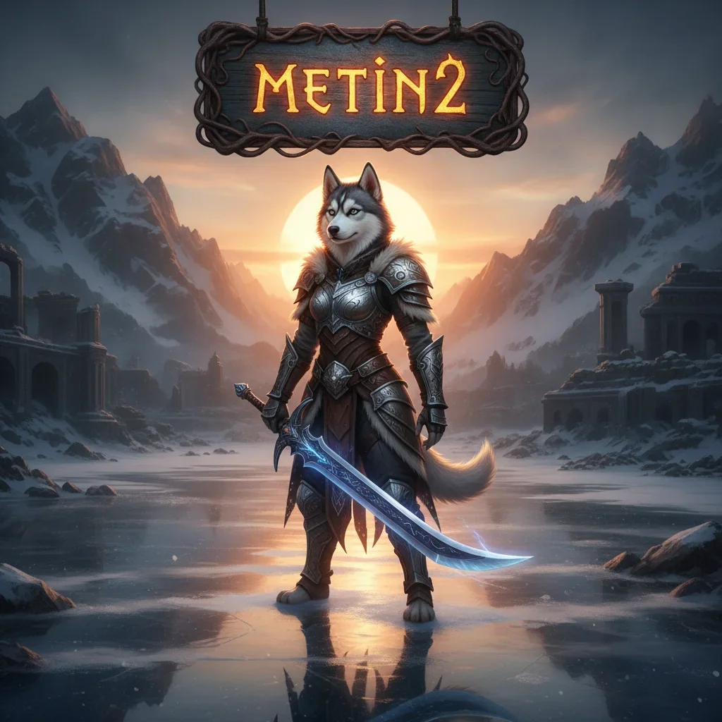 Fantasy game-inspired artwork featuring an anthropomorphic husky character related to Metin2 boosting services and game content.