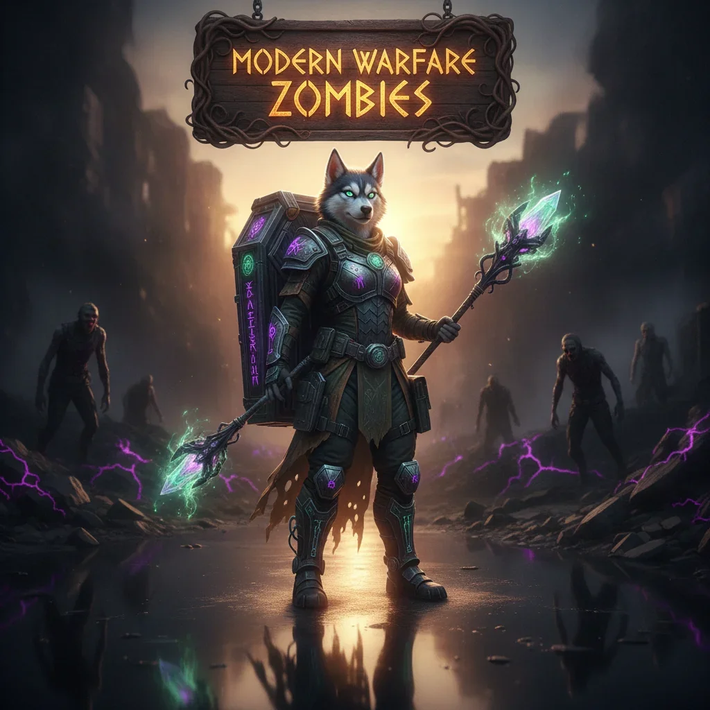 Fantasy artwork featuring an anthropomorphic Husky character, themed around Modern Warfare Zombies content and objectives.