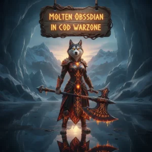 Fantasy artwork representing an anthropomorphic Husky character in armor, themed around the Molten Obsidian Camo weapon skin and its associated unlock challenges.