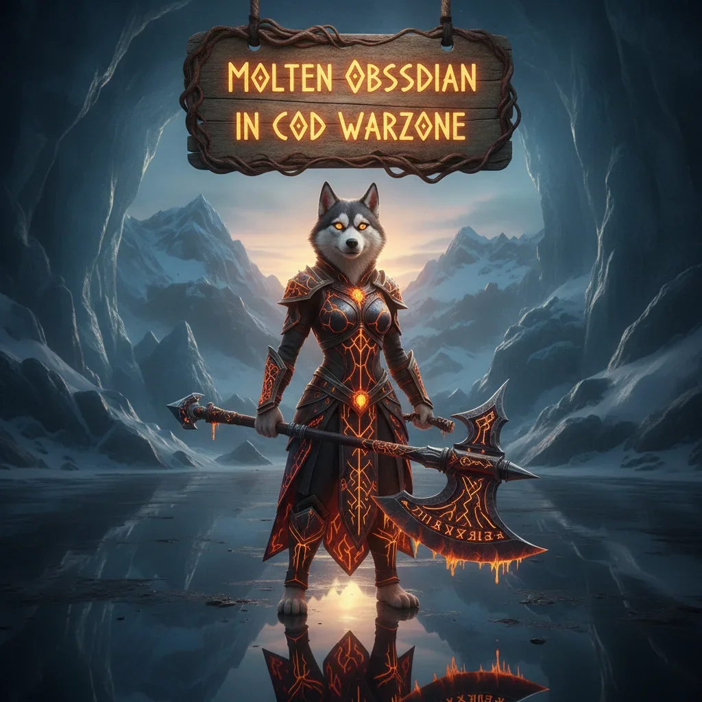 Fantasy artwork representing an anthropomorphic Husky character in armor, themed around the Molten Obsidian Camo weapon skin and its associated unlock challenges.