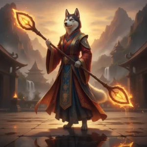 An anthropomorphic Husky character wearing Monk-inspired robes stands in a dark fantasy environment, representing Path of Exile 2 build optimization content.