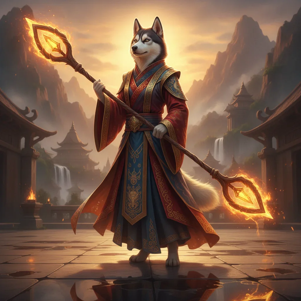 An anthropomorphic Husky character wearing Monk-inspired robes stands in a dark fantasy environment, representing Path of Exile 2 build optimization content.