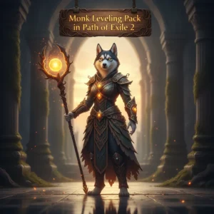 An anthropomorphic Husky character dressed in Monk robes stands in a dark, atmospheric fantasy setting, representing Path of Exile 2 character progression.