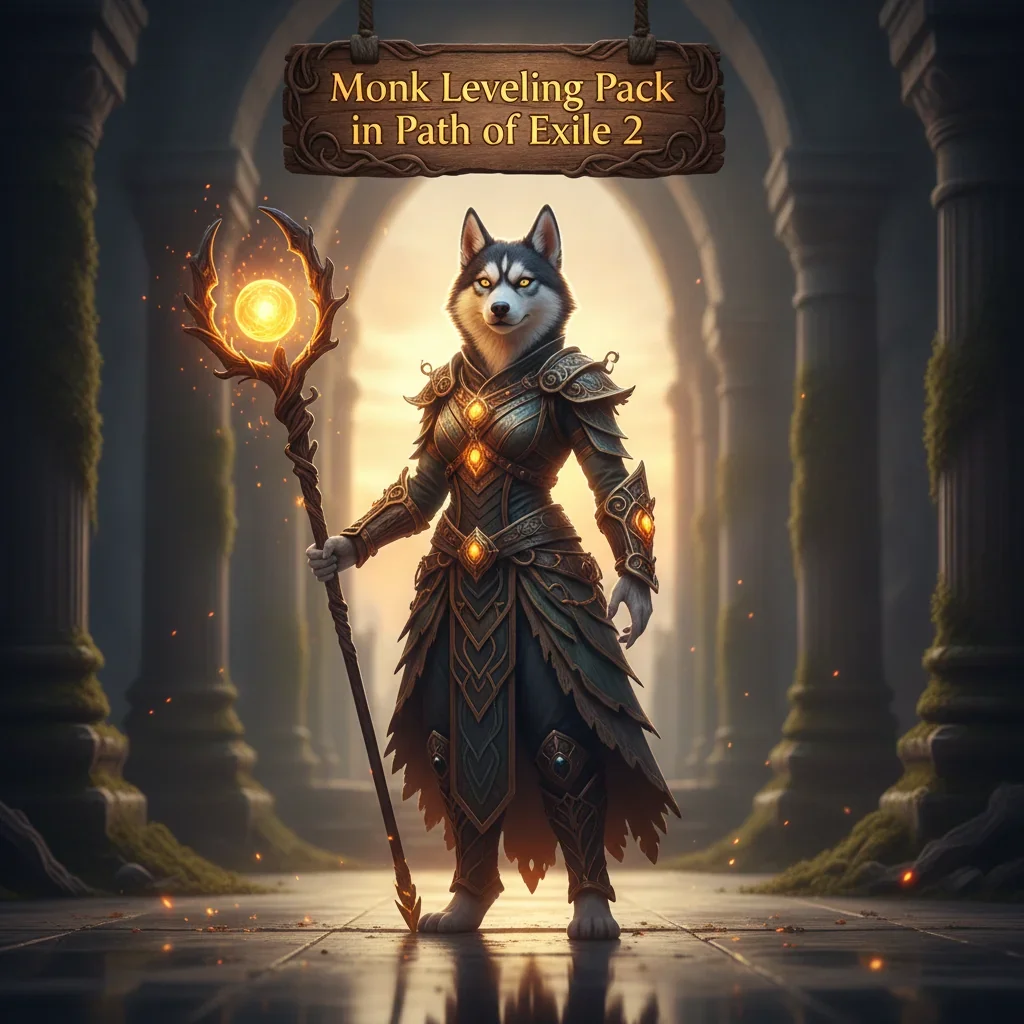 An anthropomorphic Husky character dressed in Monk robes stands in a dark, atmospheric fantasy setting, representing Path of Exile 2 character progression.
