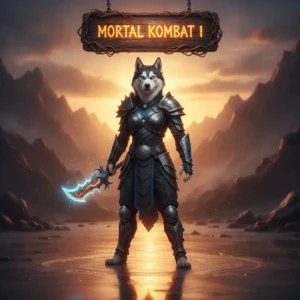 Fantasy game-inspired artwork featuring an anthropomorphic husky character in a themed outfit, set in a mystical environment.