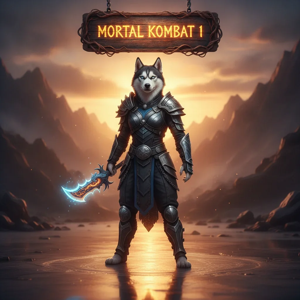 Fantasy game-inspired artwork featuring an anthropomorphic husky character in a themed outfit, set in a mystical environment.