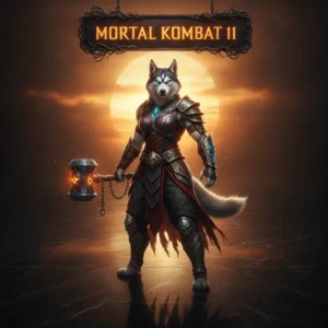 An anthropomorphic Husky character, dressed in fantasy game-inspired armor, within a dark, foreboding environment related to Mortal Kombat 11.
