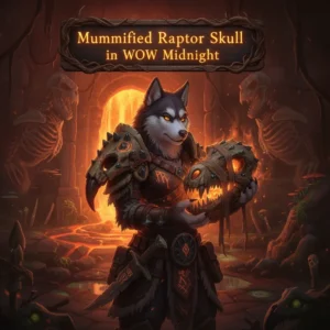A husky character in fantasy attire, surrounded by ancient runes and artifacts, representing the Mummified Raptor Skull item content and game objectives in the WoW Midnight universe.