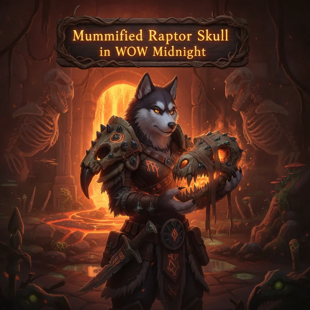 A husky character in fantasy attire, surrounded by ancient runes and artifacts, representing the Mummified Raptor Skull item content and game objectives in the WoW Midnight universe.