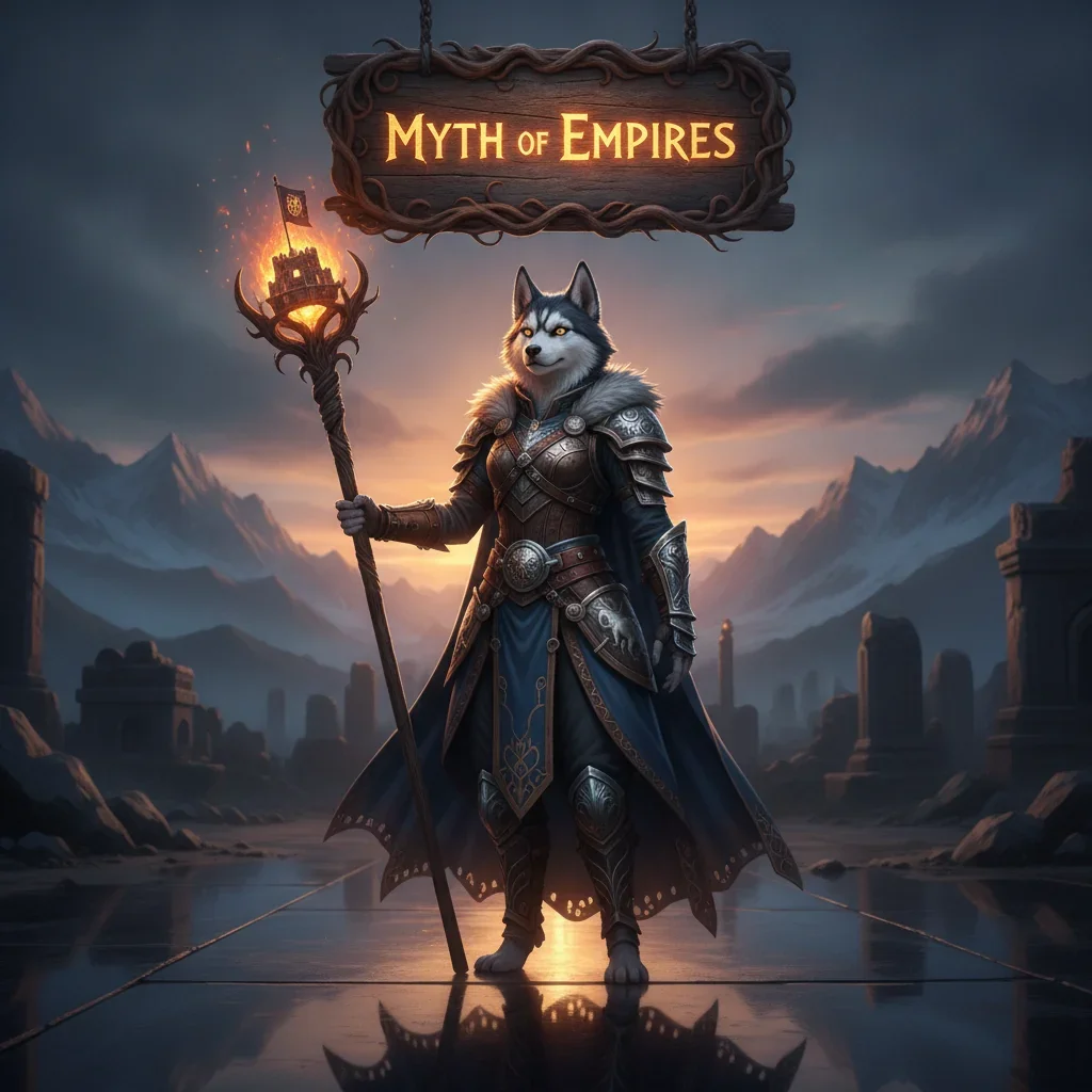 An anthropomorphic Husky character in fantasy armor, representing Myth of Empires boosting content and objectives.