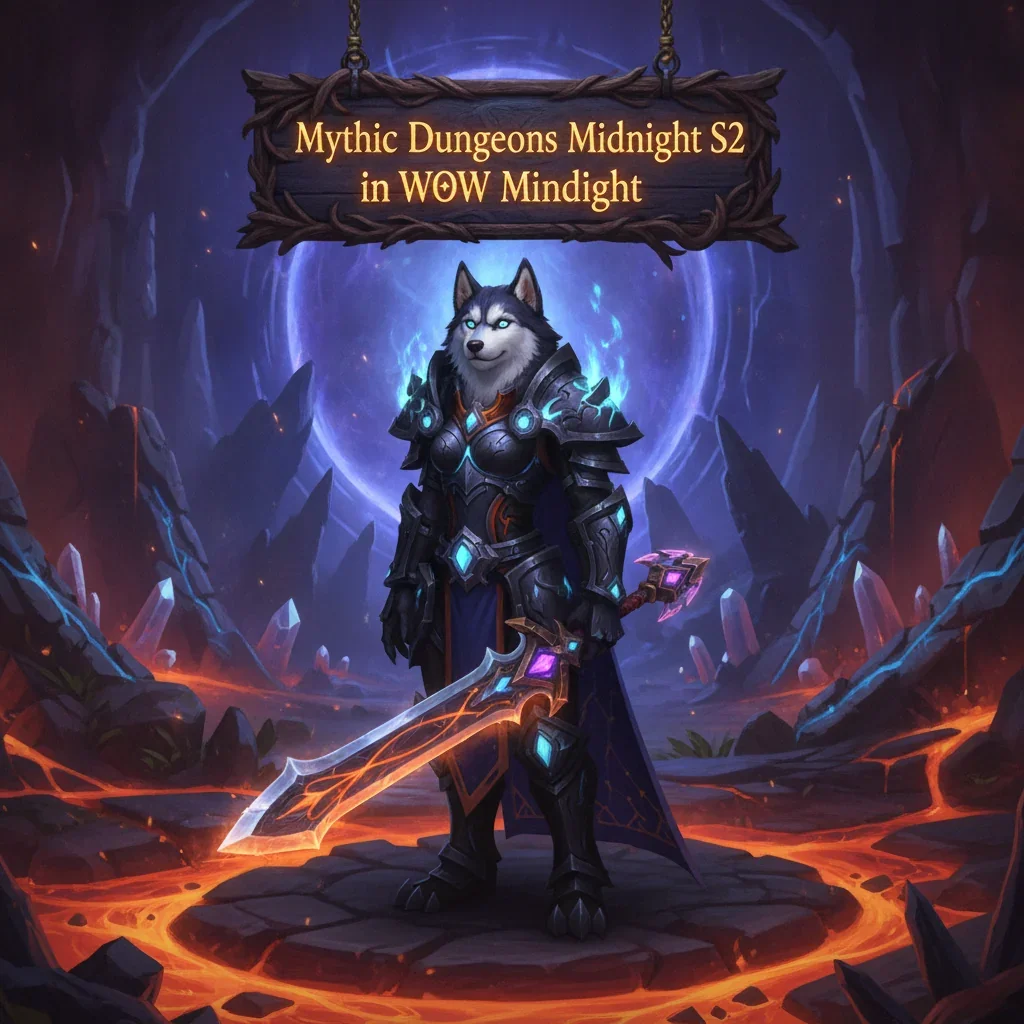 Fantasy artwork featuring an anthropomorphic Husky character in armor within a dark dungeon, representing WoW Midnight Mythic Dungeons Season 2 content and objectives.