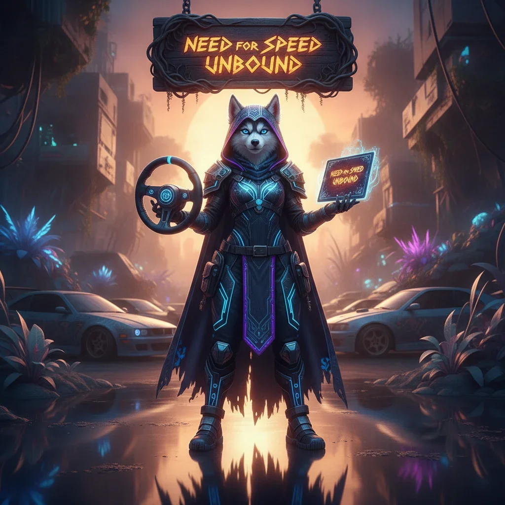 Fantasy artwork of an anthropomorphic husky character representing Need for Speed Unbound boosting services.