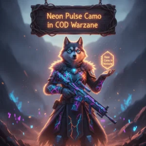 Fantasy artwork featuring an anthropomorphic husky character in an ethereal environment, themed around acquiring a vibrant neon pulse camouflage for weapon customization content.