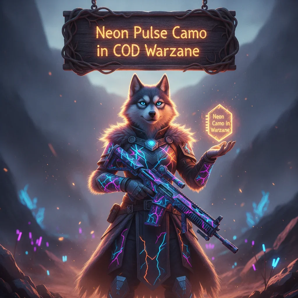 Fantasy artwork featuring an anthropomorphic husky character in an ethereal environment, themed around acquiring a vibrant neon pulse camouflage for weapon customization content.