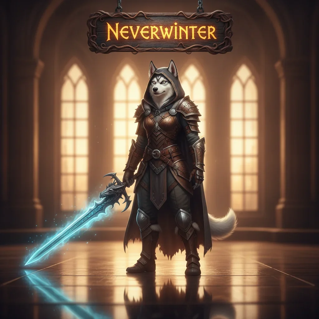 An anthropomorphic Husky character in fantasy armor, standing heroically in a Neverwinter-inspired environment, representing game content and progression.