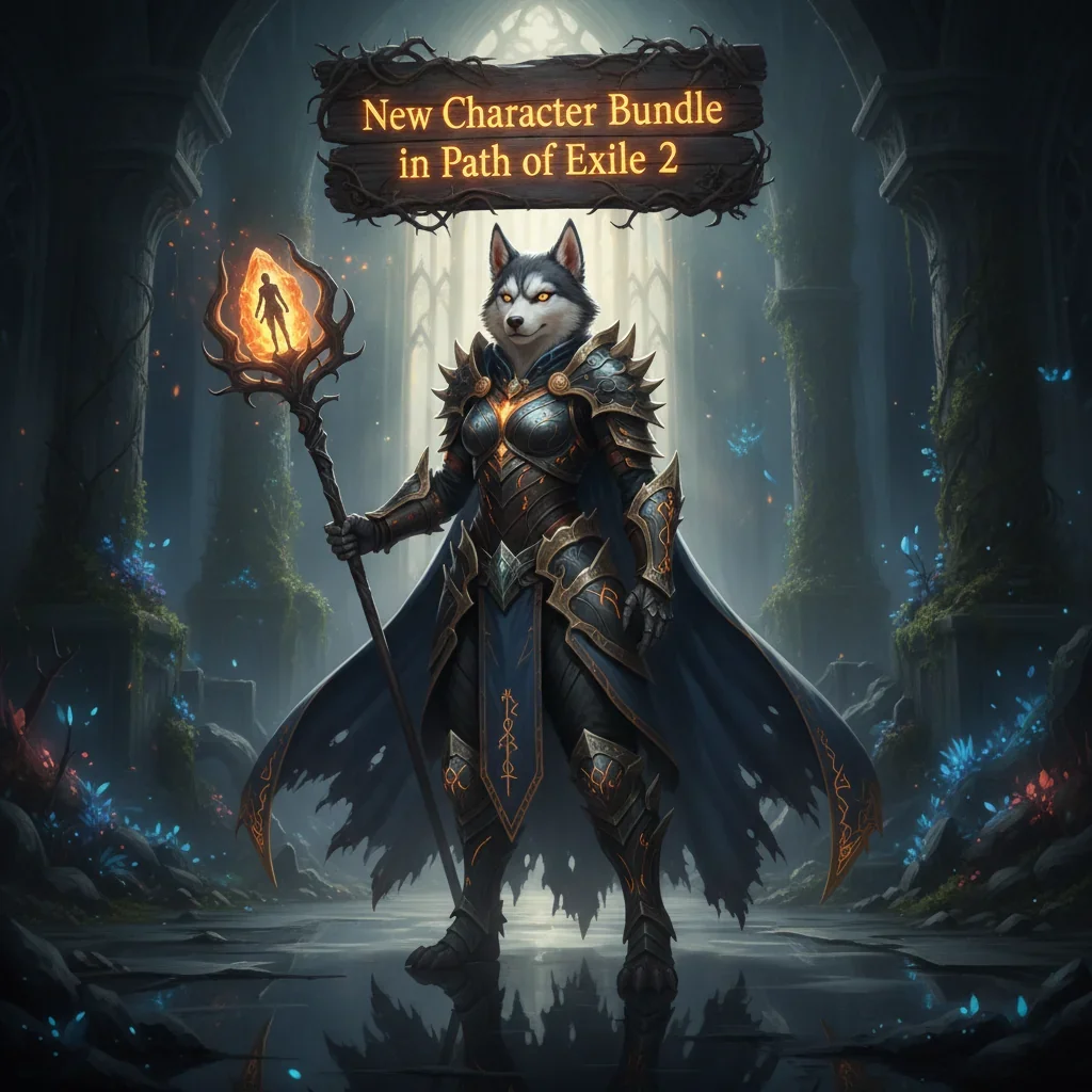 Fantasy artwork inspired by Path of Exile 2, depicting an anthropomorphic husky character in heroic fantasy armor, connected to new character bundle acquisitions and progression.