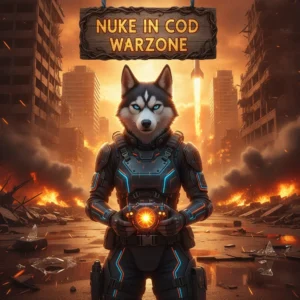 Fantasy artwork inspired by ultimate game challenges, featuring an anthropomorphic Husky in themed armor in an epic environment, focused on the Nuke Boost objective.