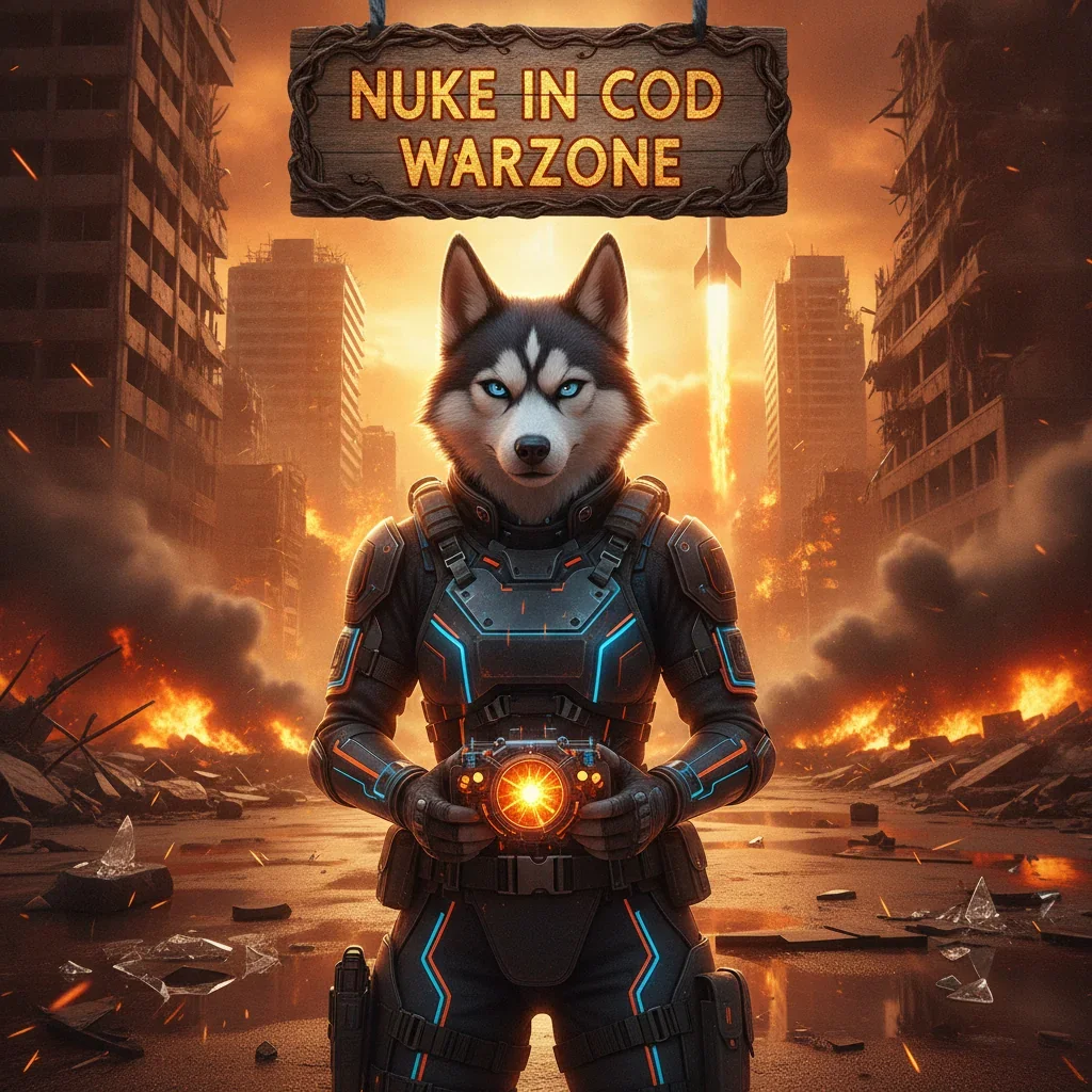 Fantasy artwork inspired by ultimate game challenges, featuring an anthropomorphic Husky in themed armor in an epic environment, focused on the Nuke Boost objective.