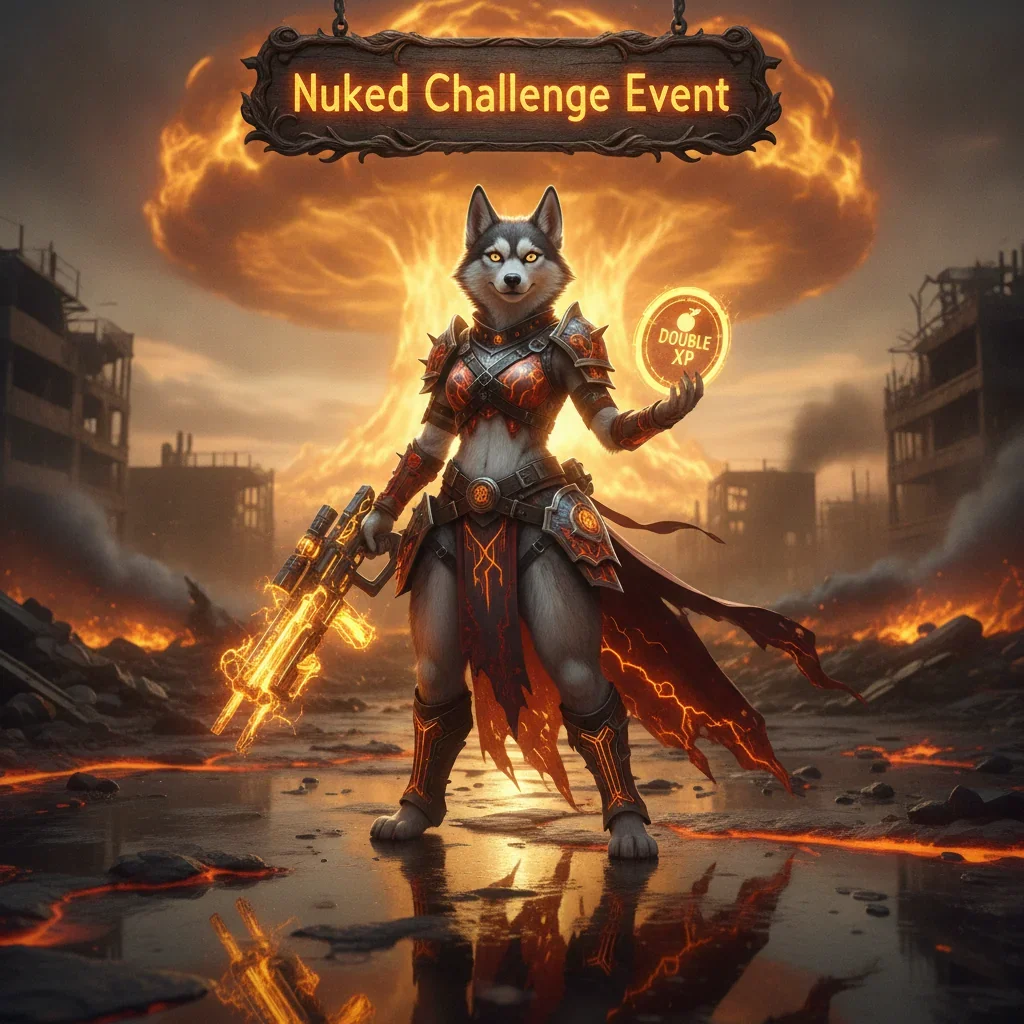 Anthropomorphic Husky in fantasy armor within a game-inspired setting, related to the Nuked Challenge Event in CoD Black Ops 7.