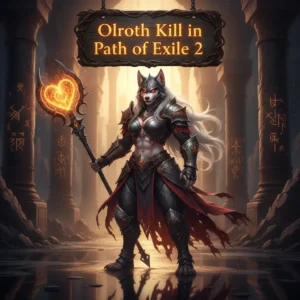 An anthropomorphic husky character, dressed in intricate fantasy armor, stands in a dark, game-inspired environment, representing the formidable Olroth boss kill content in Path of Exile 2.