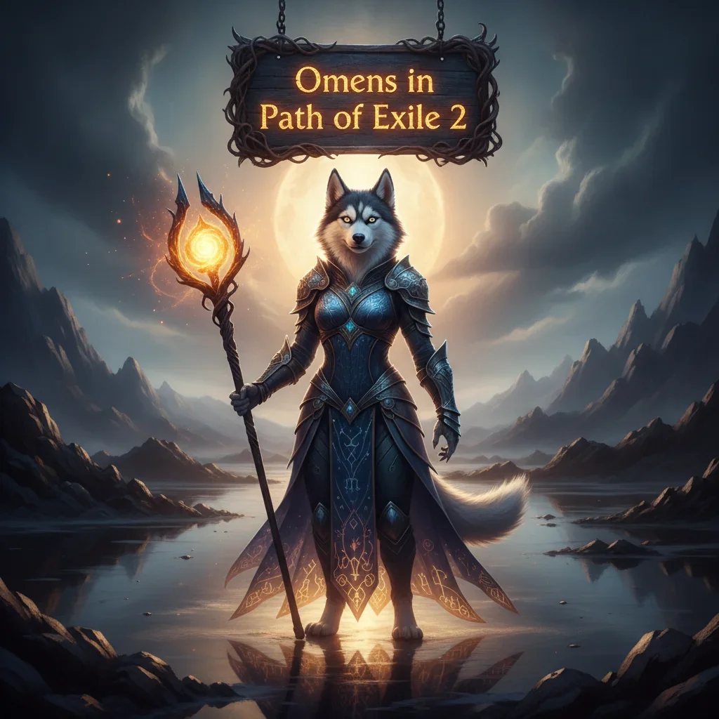An anthropomorphic husky character in intricate fantasy armor, standing in a dark, mystical environment, symbolizing the Omens content system in Path of Exile 2. The artwork captures the challenging atmosphere of the game's objectives.