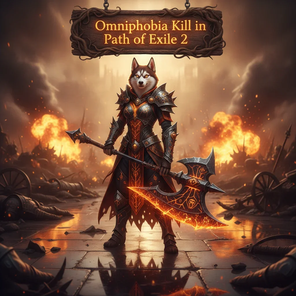A fantasy artwork featuring an anthropomorphic Husky character in intricate fantasy armor, representing the Omniphobia kill challenges and combat objectives in Path of Exile 2.