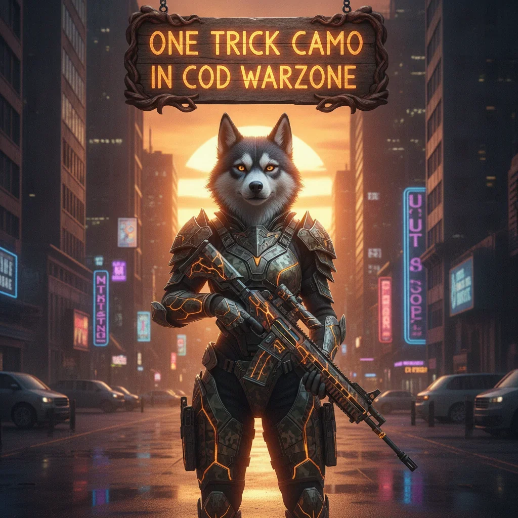 An anthropomorphic Husky character in fantasy attire, navigating a war-torn, game-inspired environment. The artwork is themed around a specialized camouflage boost, emphasizing tactical stealth and objective completion within a fantasy realm.