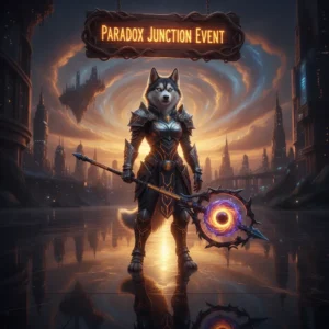 An anthropomorphic husky character in themed fantasy clothing, standing within a game-inspired environment that represents the Paradox Junction event content.