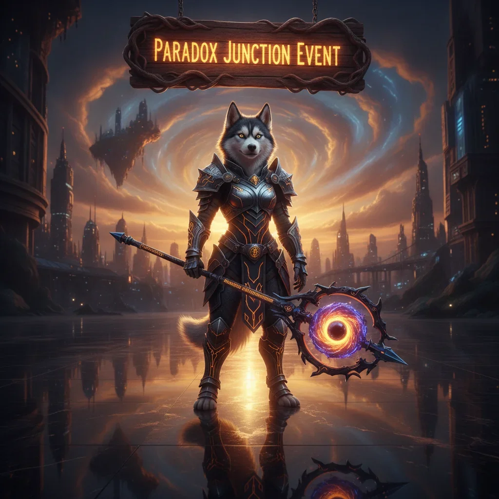 An anthropomorphic husky character in themed fantasy clothing, standing within a game-inspired environment that represents the Paradox Junction event content.