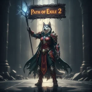 Fantasy game-inspired artwork featuring an anthropomorphic Husky character, themed around Path of Exile 2 content.