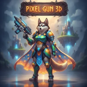 An anthropomorphic husky in fantasy gear, themed around Pixel Gun 3D boosting services, with a game-inspired environment.
