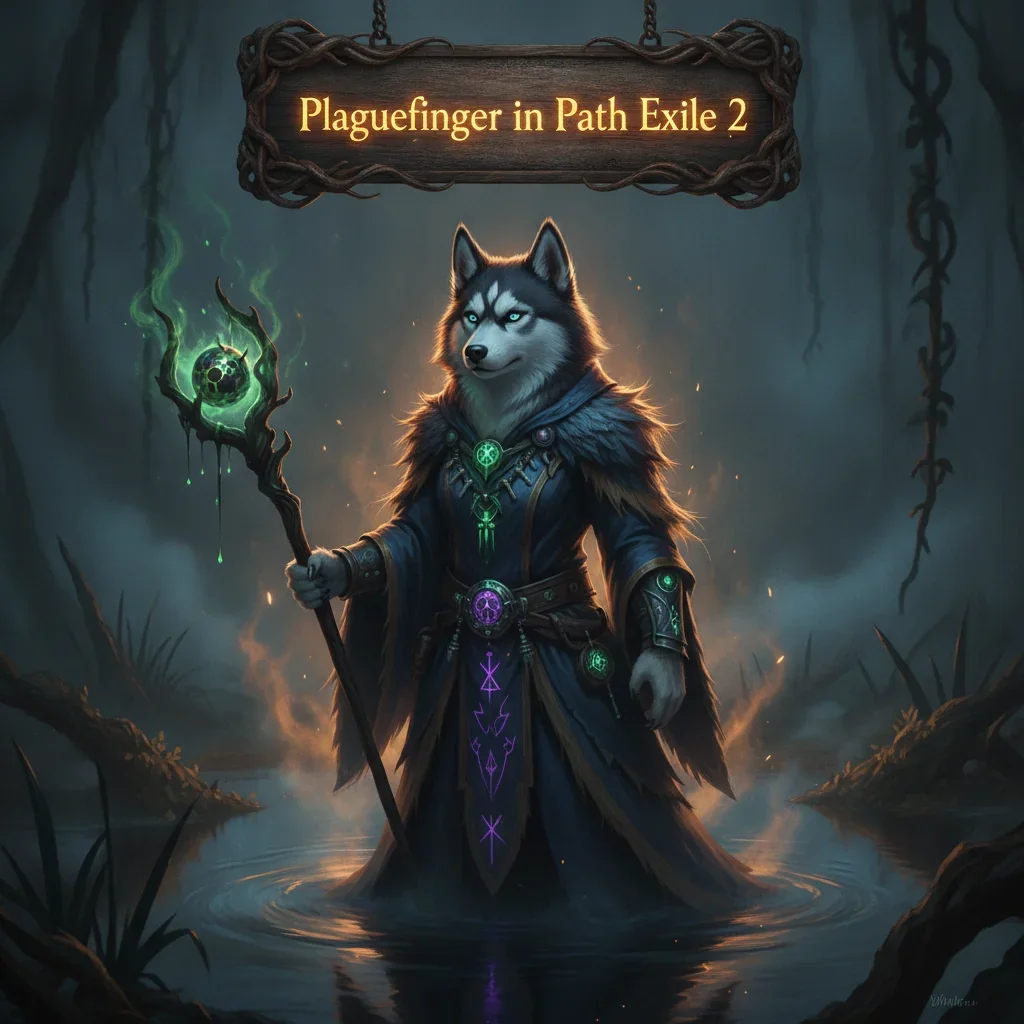 Fantasy artwork featuring an anthropomorphic Husky character in armor, representing Path of Exile 2 content related to Plaguefinger objectives and challenges in a dark, fantasy setting.