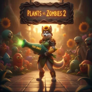Fantasy game-inspired artwork featuring an anthropomorphic Husky character, themed around Plants vs. Zombies 2 content.
