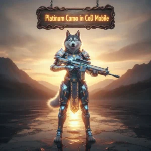 An anthropomorphic husky character in a fantasy outfit, set in a magical game-inspired environment, representing weapon cosmetic progression objectives.