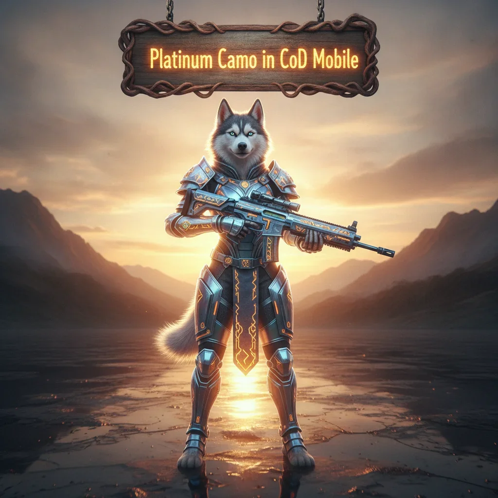 An anthropomorphic husky character in a fantasy outfit, set in a magical game-inspired environment, representing weapon cosmetic progression objectives.