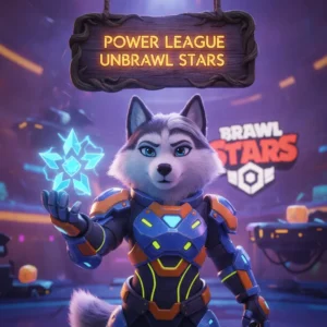 An anthropomorphic Husky character adorned in fantasy armor, standing within a mystical game-inspired arena, themed around Power League unlock objectives.