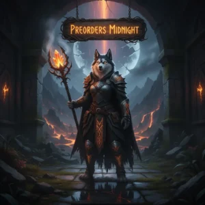 A Husky character in fantasy armor standing in a dark, mystical forest at midnight, themed around game preorders.
