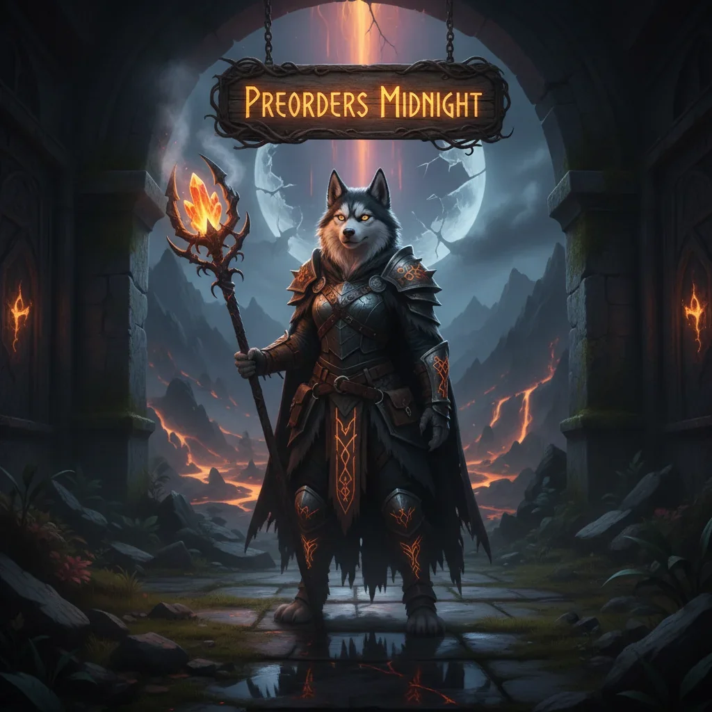 A Husky character in fantasy armor standing in a dark, mystical forest at midnight, themed around game preorders.