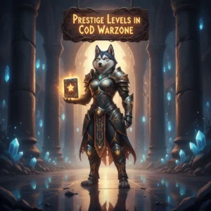 An anthropomorphic husky character in fantasy armor, representing the theme of prestige rank advancement and leveling objectives in a competitive game like Warzone.