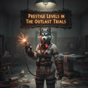 Fantasy game-inspired promotional artwork featuring an anthropomorphic husky character in an Outlast Trials themed environment, representing prestige levels.