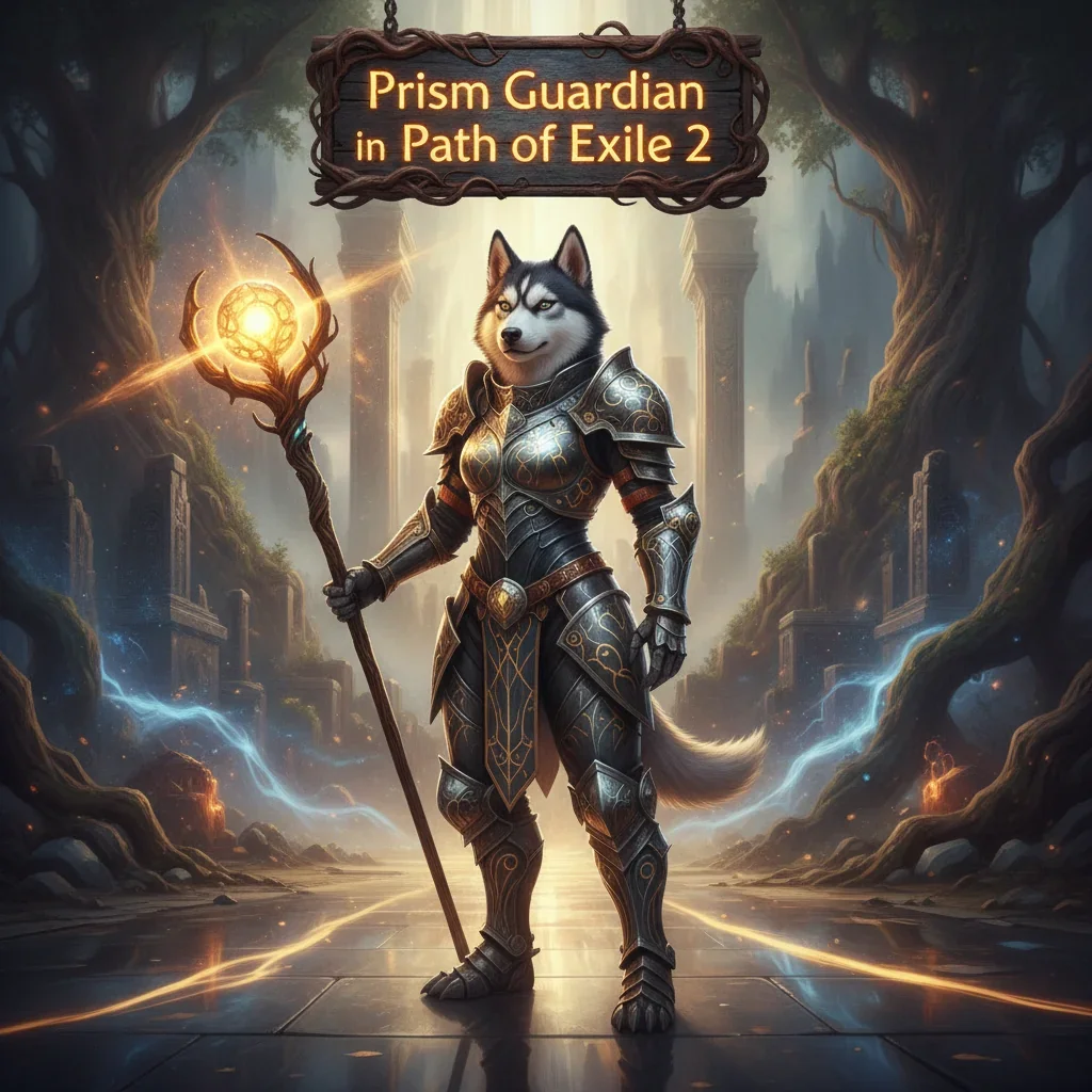 An anthropomorphic husky character, adorned in elaborate fantasy armor, stands in a mystical setting, themed around the Prism Guardian boost content in Path of Exile 2.