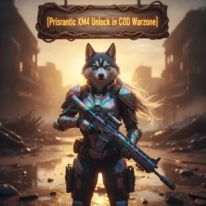 Fantasy artwork of an anthropomorphic husky in themed attire, representing the unlock objective for the Prismatic XM4 weapon in COD Warzone.