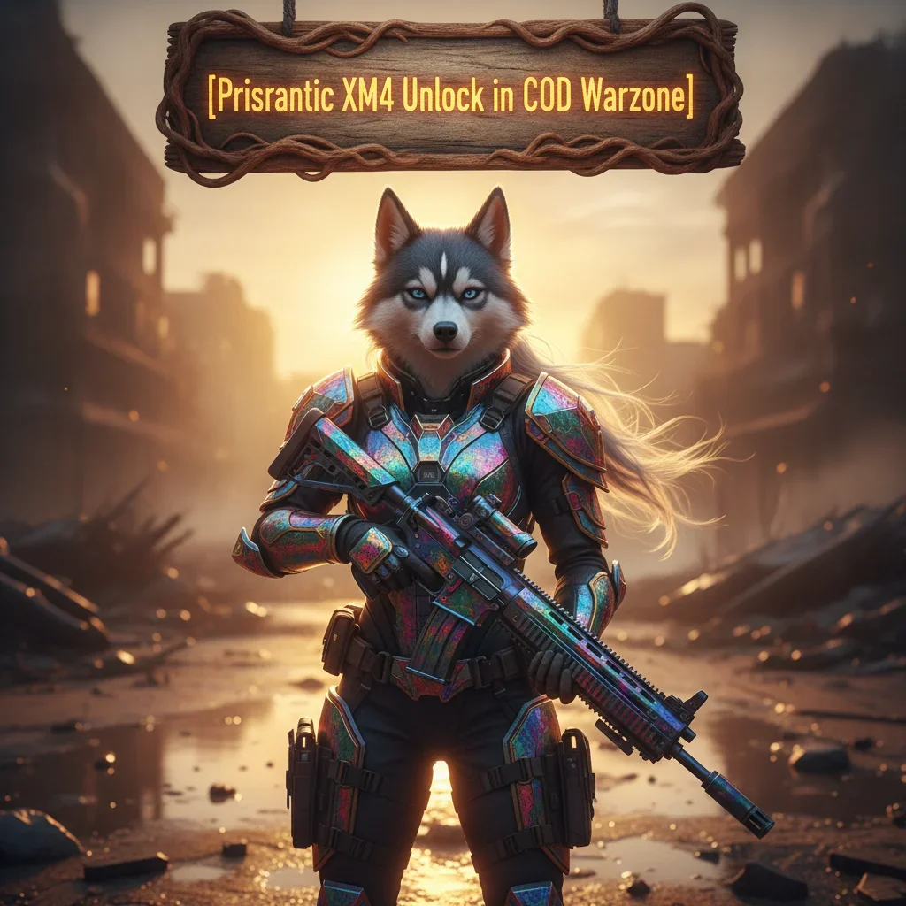 Fantasy artwork of an anthropomorphic husky in themed attire, representing the unlock objective for the Prismatic XM4 weapon in COD Warzone.