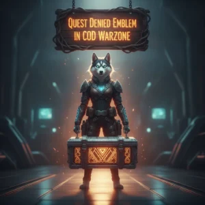 A stoic anthropomorphic Husky in ornate fantasy armor stands in ancient, overgrown ruins, representing the challenge of earning a unique 'Quest Denied' emblem and game objectives.