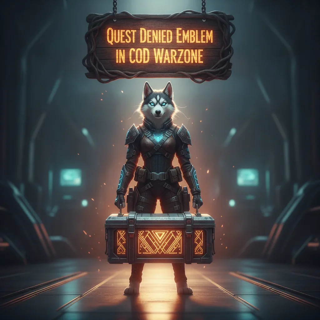 A stoic anthropomorphic Husky in ornate fantasy armor stands in ancient, overgrown ruins, representing the challenge of earning a unique 'Quest Denied' emblem and game objectives.