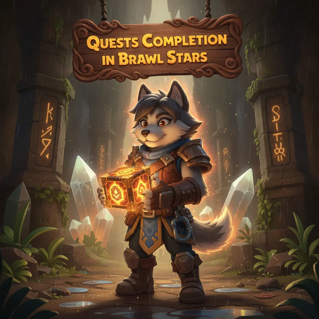 Fantasy artwork featuring an anthropomorphic Husky character in themed adventurer attire, related to game quest completion content and objective groups, set within a vibrant fantasy environment.