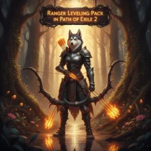 Fantasy artwork of an anthropomorphic husky in ranger armor, themed around Path of Exile 2 character leveling and progression for the Ranger class in a mystical setting.