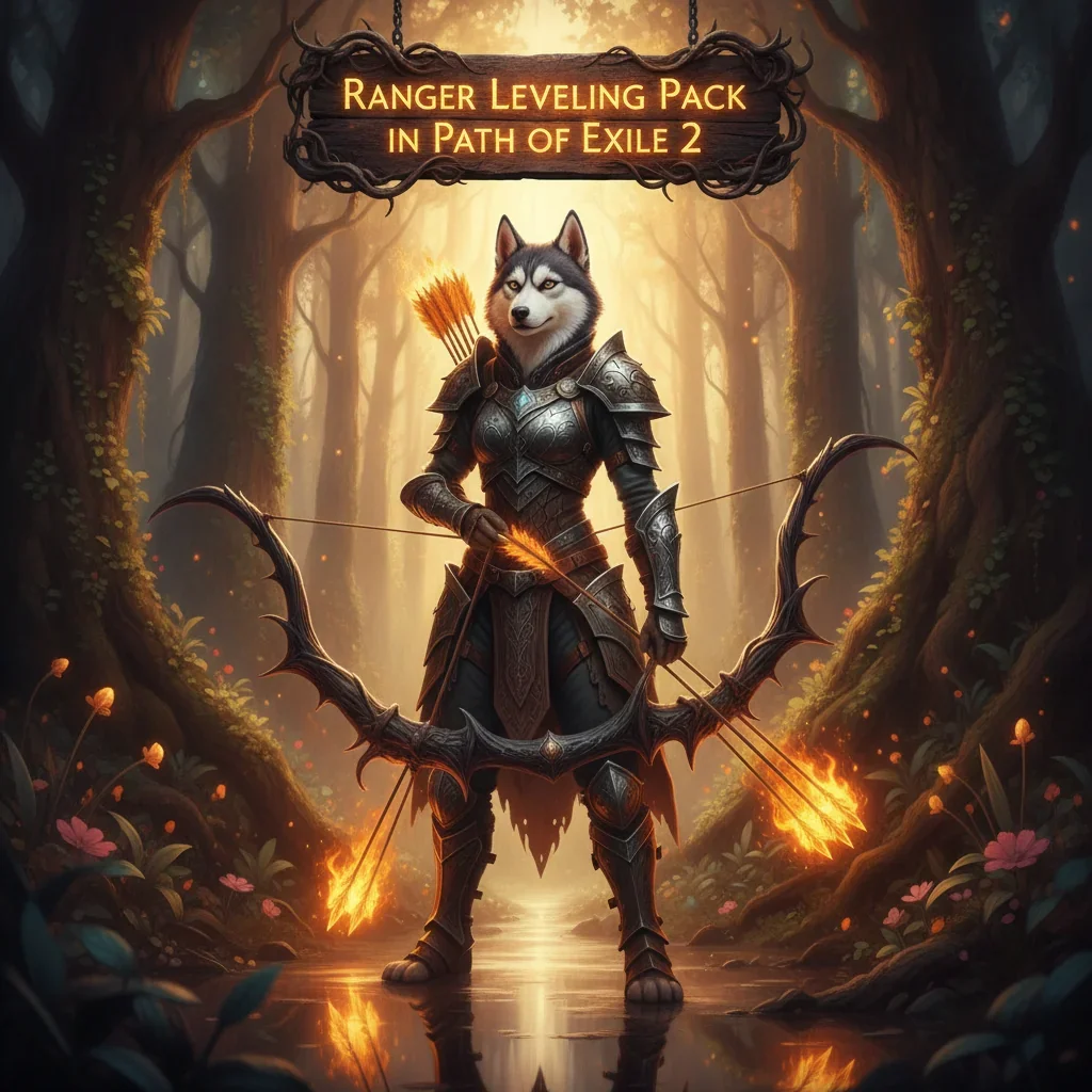Fantasy artwork of an anthropomorphic husky in ranger armor, themed around Path of Exile 2 character leveling and progression for the Ranger class in a mystical setting.
