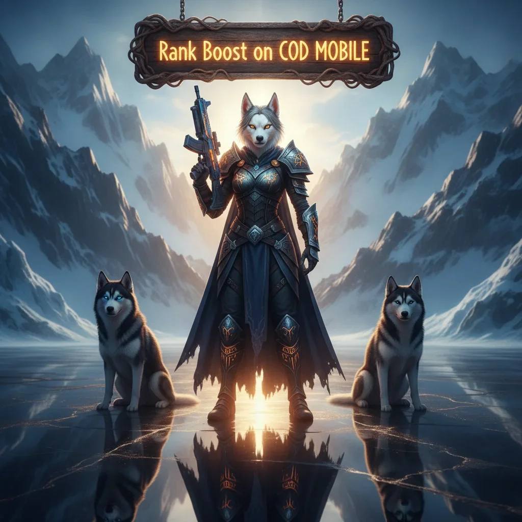 Fantasy artwork featuring an anthropomorphic husky character, themed around Call of Duty Mobile rank progression.